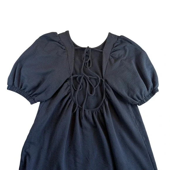 H&M Black Waffle Knit Puff Sleeve Open Tie Back Midi Dress Womens Large - Picture 2 of 3